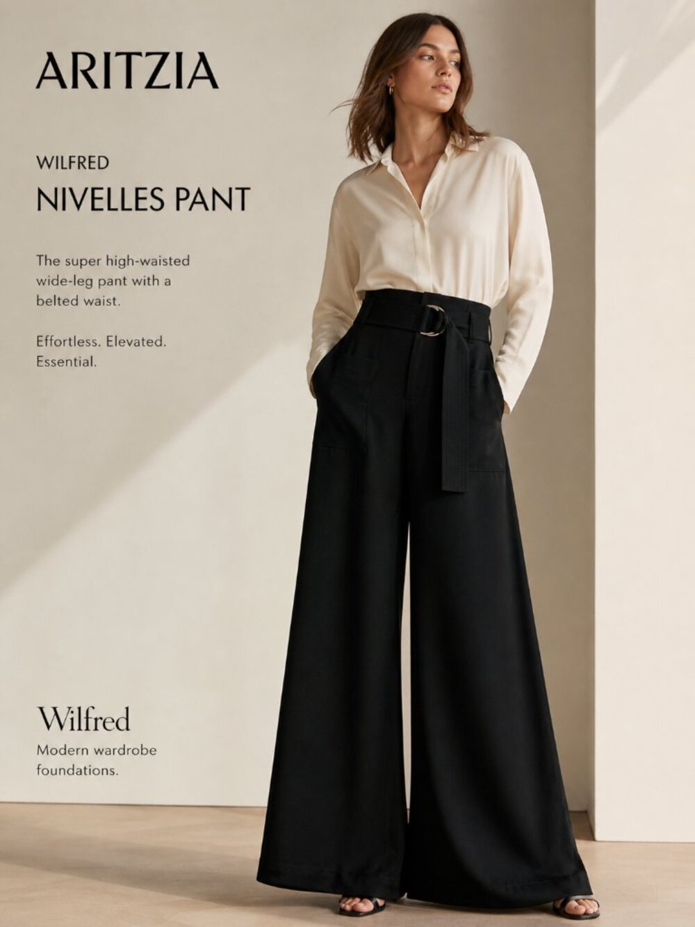 NWT Aritzia Wilfred Nivelles Wide Leg Belted Pants Black Size 4 High Waisted